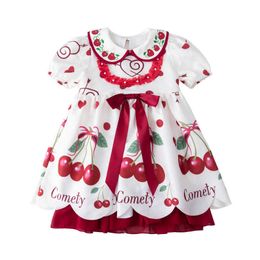 3PCS Lolita Girls Dress Kids Cherry Printed Dresses Baby Princess Infant Birthday Baptism Ball Gowns Children Boutique Clothes 210615
