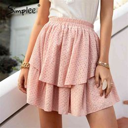 Pink Cotton High Waist Mini Skirt Casual Ruffled A-line Women Short Solid Summer Rmbroidered Female 210629