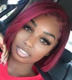 99J Burgundy Red Color Short Bob Wig Brazilian Human Hair Transparent HD 4x4 Lace Closure Wigs For Women Blunt Cut Bone Straight