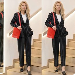 High Quality Black Stripe Women Suits Leisure Slim Fit Evening Party Prom Blazer Red Carpet Outfit Tuxedos (Jacket+Pants)