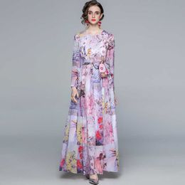 Women Spring Designer Elegant Floral Chiffon Dress Festa Long Sleeve Party Robe Ladies Vintage Purple Print Maxi Dress Vestidos 210525