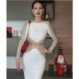 Women Winter Style Sexy Patchwork Long Sleeve Two Pieces White Bandage Set Celebrity Designer Fashion Party Women's 211105