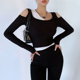 New spring autumn fashion women's sports casual sexy Colour block off shoulder faux 2 pcs style long sleeve tunic short t-shirt plus size Tees SMLXLXXL