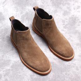 New Cowhide Boots Genuine Soft Leather Boots Round Head Slip On Breathable Bullock Suede Oxford Dress Shoes For Men Boots