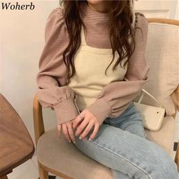 Woherb Korean Chic Two Pieces Set Women Stand Collar Plaid Shirt Blouse + Knitted Sleeveless Vest Autumn Cute Elegant Suit 210225