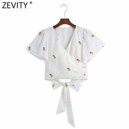 Zevity Women Sweet Cross V Neck Hollow Out Floral Embroidery Short Smock Blouse Female Hem Bow Tied Shirts Chic Crop Tops LS9265 210603