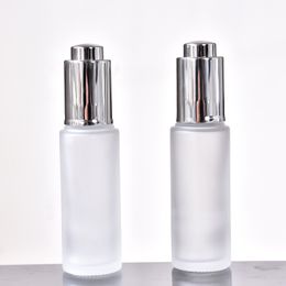 30ml Flat shoulder essential oil bottle frosted cosmetic glass dropper bottles with gold/silver push button cap