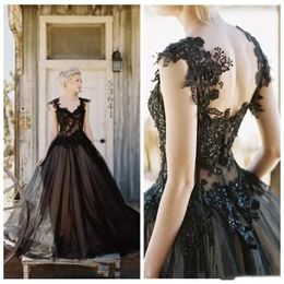 Vintage Elegant Black Tulle Lace Applique Gothic A-line Wedding Dresses Cheap Gothic Beaded Backless Long Bridal Gowns Custom