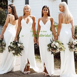 White Spaghetti Straps Satin A line Long Bridesmaids Dresses side Split Plus Size Maid of Honour Wedding Guest Gowns