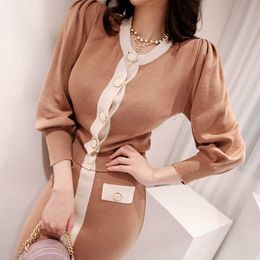 Autumn Women's knitted skirt suit O-Neck Knitting Cardigan Sweater + Slim Midi Skirt Hit Colour Two-Piece tracksuit 210529