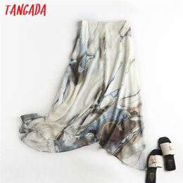 Tangada autumn women painting print midi skirt side zipper office ladies elegant chic mid calf skirts 4C29 210708