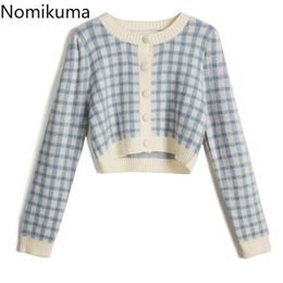 Nomikuma Vintage Plaid Knitted Cardigan Korean Short Knit Women Coat Autumn Long Sleeve O-neck Sweet Crop Top Sweater 6D016 210204
