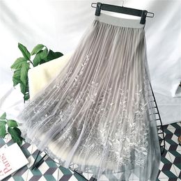 Autumn Winter Vintage Skirts Womens Elastic High Waist Tulle Mesh Skirt Long Pleated Tutu Skirt Female New Fashion 210310