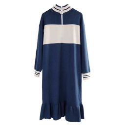 PERHAPS U Ruffle Zipper Blue White Patchwork Stand Collar Long Sleeve Sport Dress Knee Length Autumn Straight D1504 210529