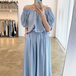 Korejpaa Women Sets Summer Korean Chic Retro One-Collar Off-Shoulder Loose Short-Sleeve Shirt High-Waist Pleated Long Skirt 210526