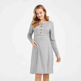 2022 New Women's Maternity Skirt Dress Casual Loose Round Neck Solid Color Long Sleeve Breastfeeding Maternity Nursing Dress G220309
