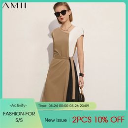Minimalism Summer Fashion Dress For Women Offical Lady Vneck Patchwork Belt Causal Women's 12140111 210527
