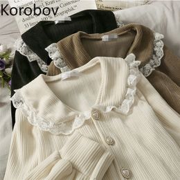 Korobov Korean Vintage Lace Patchwork Female Shirts Office Lady Elegant Peter Pan Collar Blusas Mujer Single Breasted Blouses 210225