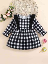 Baby Gingham Print Ruffle Trim Flounce Sleeve Wool-Mix Dress SHE