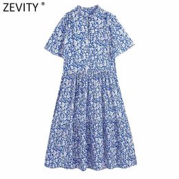 Zevity Women Vintage Blue Floral Print Casual A Line Midi Dress Female Agaric Lace Chic Short Sleeve Kimono Vestidos DS8377 210603