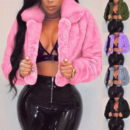 Casual Women Faux Fur Coats Long Sleeve Furry Cropped Jacket Open Stitch Fluffy Overcoat Plus Size XXL Outdoor Wear 211110