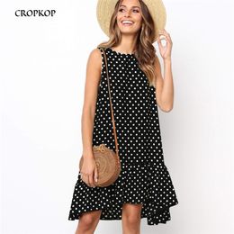 Women Summer Dress Ruffles Polka Dot Sleeveless Mini Dresses Plus Size Casual Loose Black Beach Sundress Women Clothes 210309