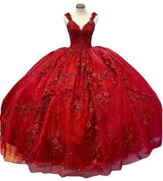 2022 Bling Dark Red Quinceanera Dresses Flowers Floral Applique Beaded Spaghetti Lace V-neck Corset Back Prom Sweet 16 Dress