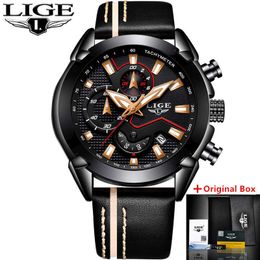 LIGE Mens Watches Top Brand Luxury Quartz Gold Watch Men Casual Leather Military Waterproof Sport Watch Relogio Masculino 210527