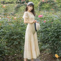 Summer Women Long Dress Chiffon Vintage Short Sleeve Mid-calf Fit and Flare Party Elegant Beige 210603