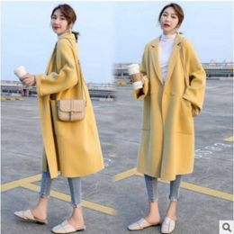 Winter autumn Yellow Woollen Coat Women Plus Size Loose Fashion Long Thick Add Cotton Jacket Blends Top Clothing Feminina 210930