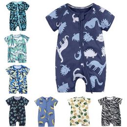 Summer Toddler Boys Clothes born Baby Girls Dinosaur Zipper Rompers Cartoon Onesies Cotton Short Sleeve Kids Romper 211011