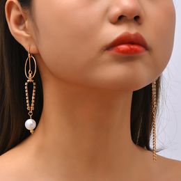 Creative Design Female Gold Colour Metal Asymmetric Drop Earrings For Women Fashion Rhinestone Pearl Chain Dangle Earring Jewellery