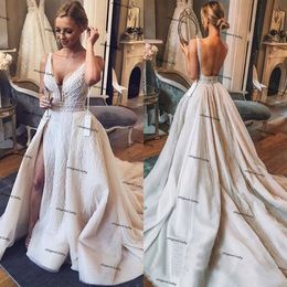 Mermaid Beach Wedding Dresses with Detachable Train Luxury Lace Beaded Backless Princess Aso Ebi Country Wedding Gown