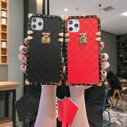 Square Box Cute Lattice Soft TPU Trunk Cases Unique Women Girls Lady Case With Lanyard For iPhone 13 12 11 Pro XR XS Max X 8 7 6 6S Plus