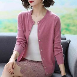 Fashion Korean Knitting Cardigan Solid elegant long sleeve O-neck slim sweater Single Breasted Casual allmatch jacket 210922