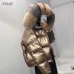 FTLZZ Women Double Sided Silver Golden Duck Down Coat Winter Large Fur Collar Waterproof Jacket Hooded Snow Outerwear 211018