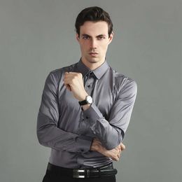 Dress Mens Shirt Elastic Long Sleeve Stretch Non-iron Solid Comfortable Soft Standard-fit Pocket-less Design Easy Care Male Tops 210609