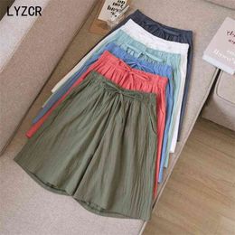 Summer Cotton Line Shorts With High Waist Loose Wide Leg For Women Knee Length Straight Short Female Plus Size 3XL 210719
