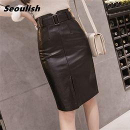 Seoulish Autumn Winter Black PU Leather Pencil Midi Skirts High Waist Split OL Elegant Sheath Wrap with Belt Female 220224