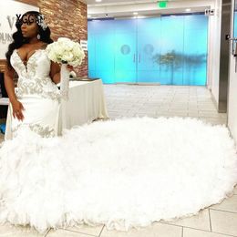 2024 Sexy African Mermaid Wedding Dresses Formal Bridal Dress Off Shoulder Lace Appliques Crystal Beaded Plus Size Tulle Ruffles Tiered Cathedral Train