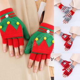 Winter Outdoor Warm Flip Top Gloves Xmas Style Knitted Printed Half Finger Mittens Thick Santa Claus Pattern Women Gloves