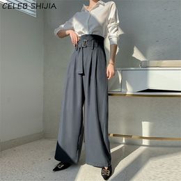 Chic Korean Loose Trousers Woman High Waist Gray Solid Wide Leg Pants Woman Bottom Business Elegant Womans Pants Mom Autumn Q0801