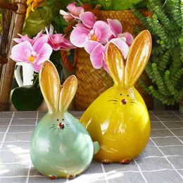 2pcs Ceramic Rabbit Figurines Nordic Easter Long Ear Bunny Ornament Garden Animal Combination Home Office Room Desk Decoration 210811