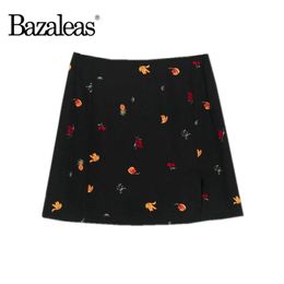 Skirts Bazaleas Streetwear Split Short Mini Skirt Harajuku Slim Women A-line Cartoon Fruit Print Black Womens