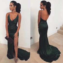 Sexy Straps Cheap Spaghetti Hunter Green Mermaid Prom 2021 Long Backless Side Split Evening Bridesmaid Dresses Gowns