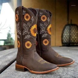 Boots Women Sunflower Riding Cow Girls Flowers Printed Shoes1