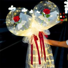 LED Luminous Balloon Rose Bouquet Transparent Bobo Ball Rose Valentines Day Gift Birthday Party Wedding Decoration Balloons DAT293