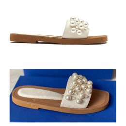 Women Goldie Slide Slippers Designer Pearl sandals Shoes Vintage squared toe Leather Slides fashion Summer Wide Flat Lady Sandal With Box 314