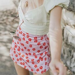 Mini high waist A line floral satin short kawaii skirts womens pink skirt 210311