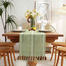 Rustic Linen Table Runner with Handmade Tassel, Hemstitched Embroidery Farmhouse Style Runners for Party and Dining Room 211117